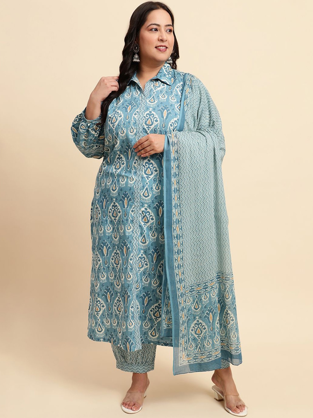 

Sringam Plus Size Ethnic Motifs Printed Pure Cotton Kurta With Salwar & Dupatta, Blue