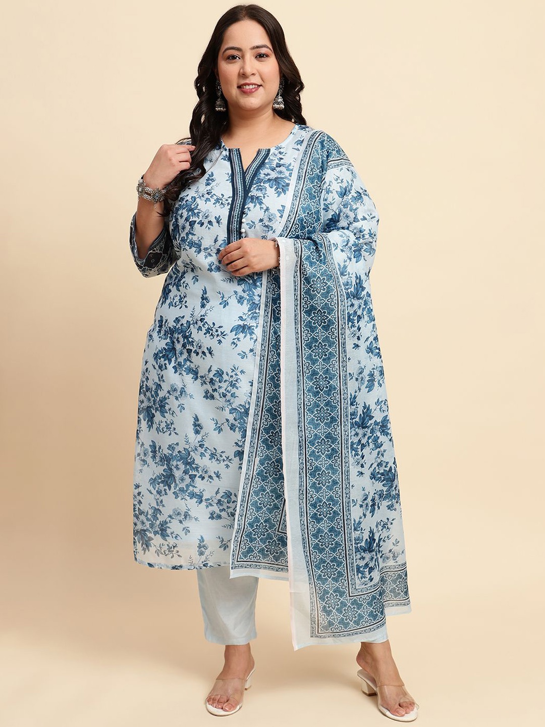 

Sringam Plus Size Floral Printed Straight Kurta with Trousers & With Dupatta, Blue