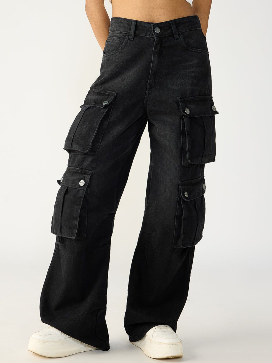 

FREAKINS Women High-Rise Cargos Trousers, Black
