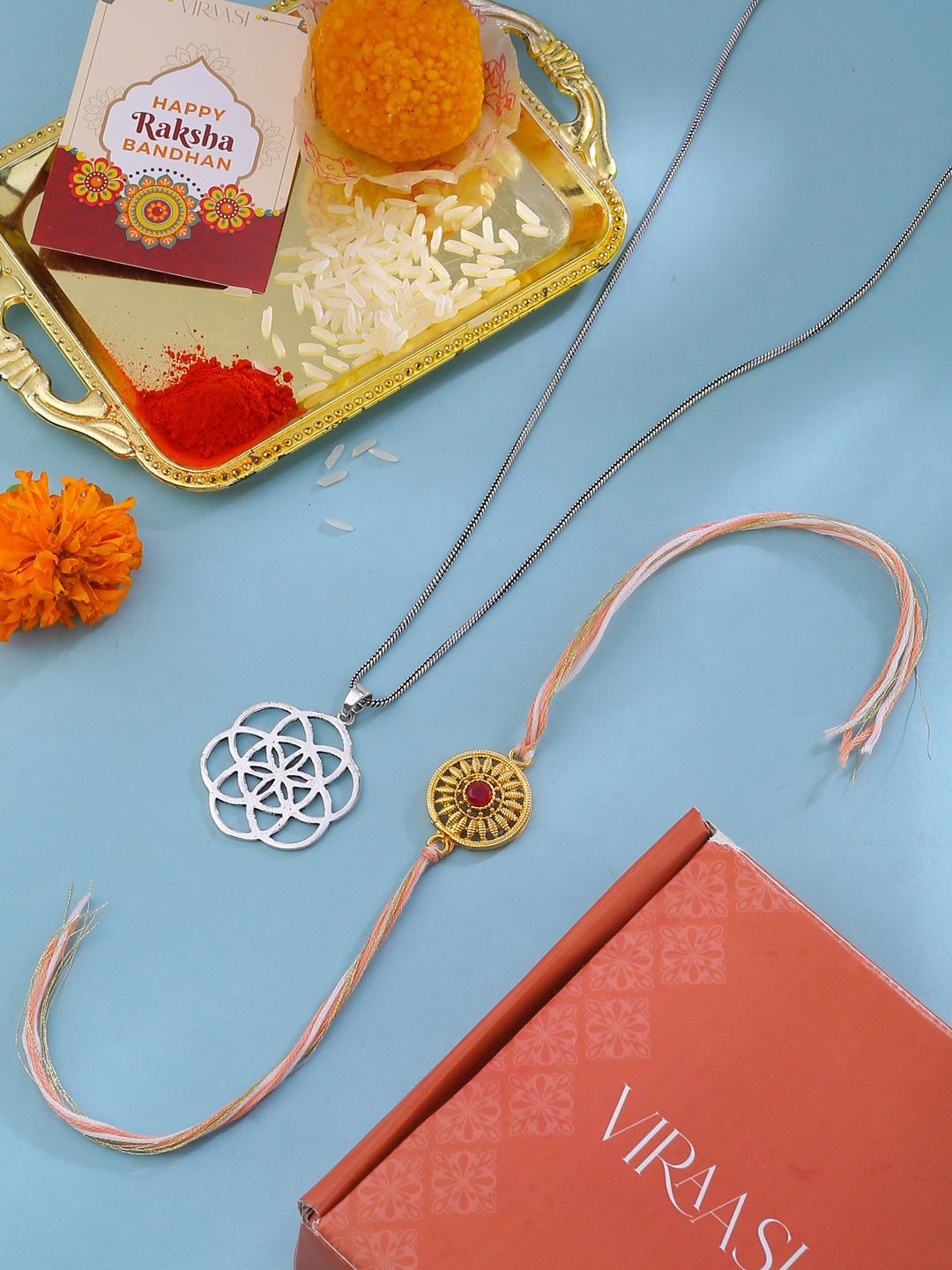

VIRAASI 3-Pcs Gold-Plated Rakhi With Chain Pendant Set