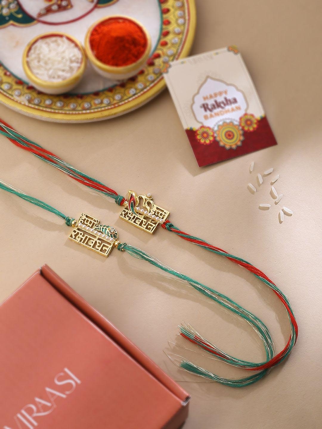 

VIRAASI 4-Pcs Bhai Rakhi With Perfume & Card With Roli Chawal, Multi