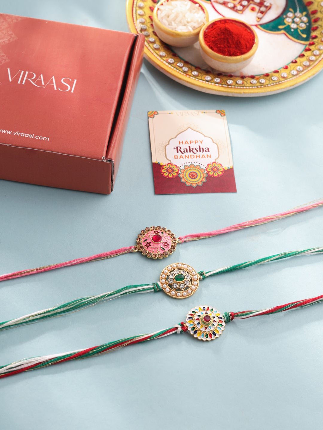 

VIRAASI Set of 3 Rakhis With Roli Chawal And Get 1 Rakhi Free, Pink