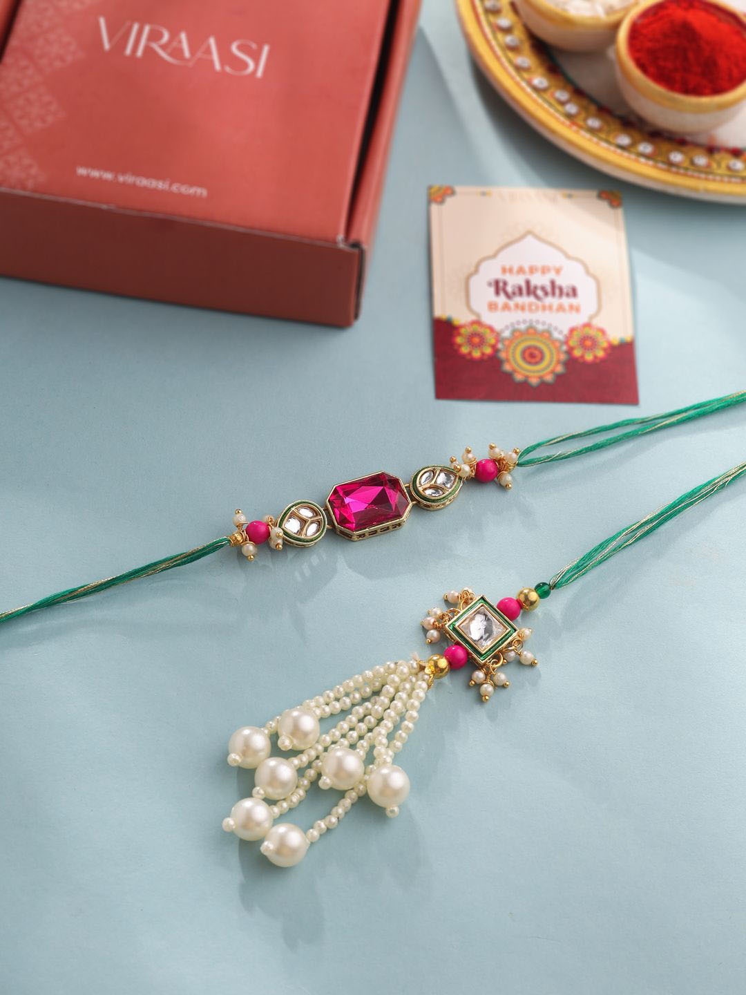 

VIRAASI Set Of 2 Stone-Studded Bhabiya-Bhabi Rakhi With Greetings card & Perfume, Pink