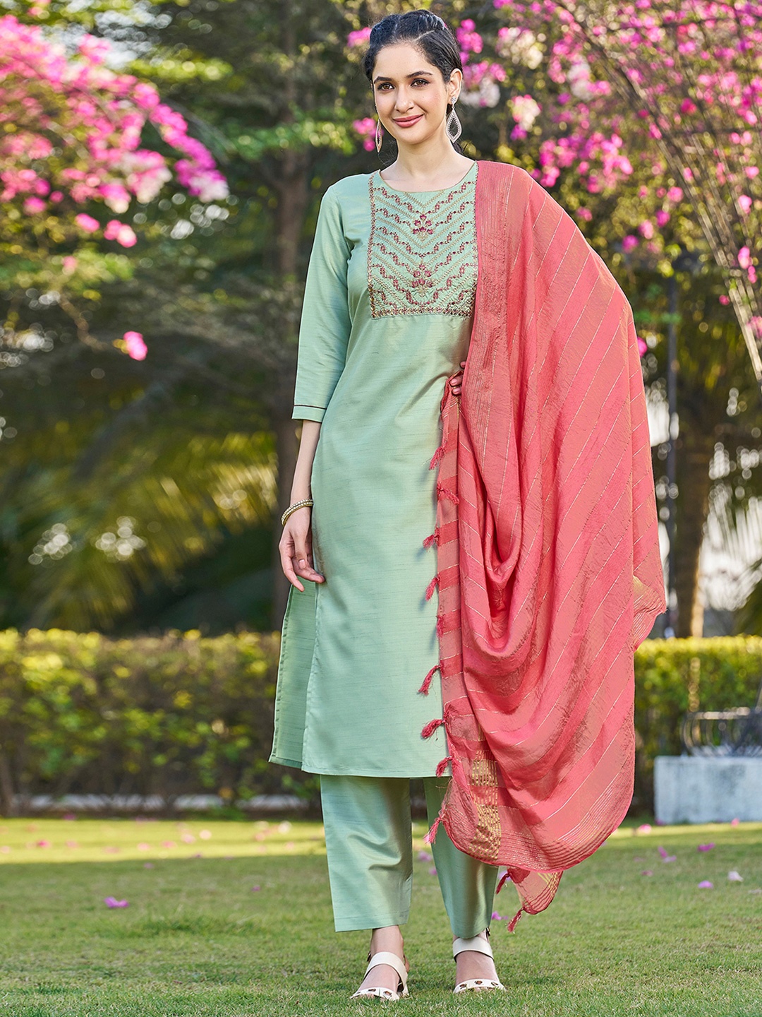 

SKYLEE Green Ethnic Motifs Embroidered Zari Work Straight Kurta With Trousers & Dupatta