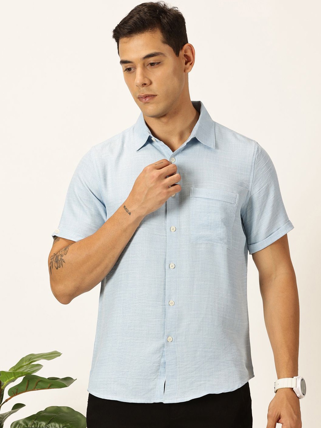 

Thomas Scott Men Premium Slim Fit Textured Casual Shirt, Blue
