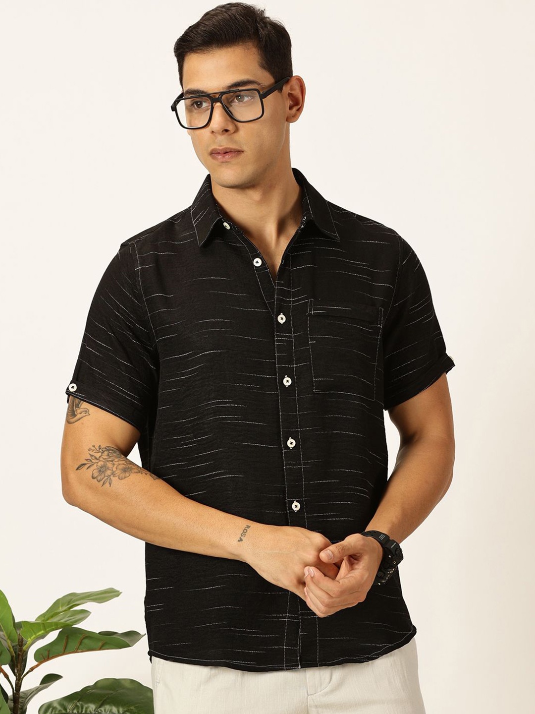 

Thomas Scott Men Premium Slim Fit Textured Casual Shirt, Black