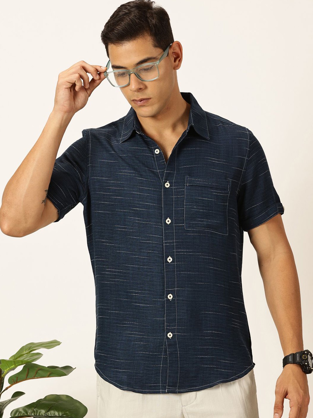 

Thomas Scott Men Premium Slim Fit Textured Casual Shirt, Navy blue