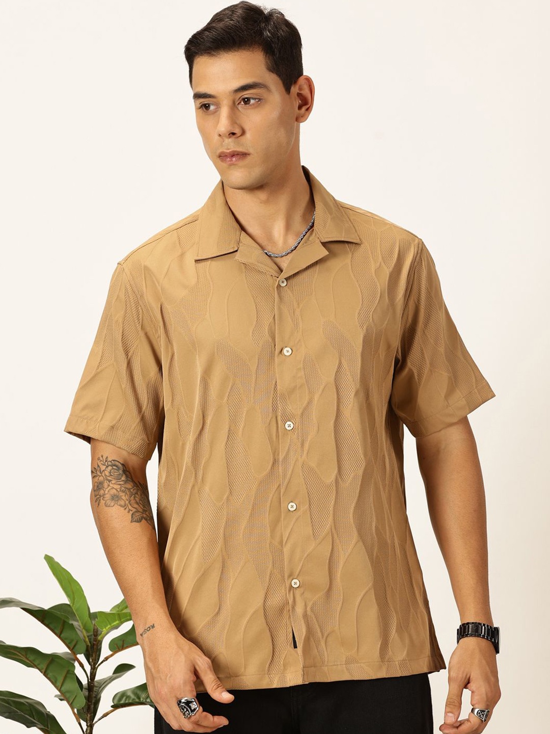 

Thomas Scott Men Premium Slim Fit Self Design Textured Casual Shirt, Beige