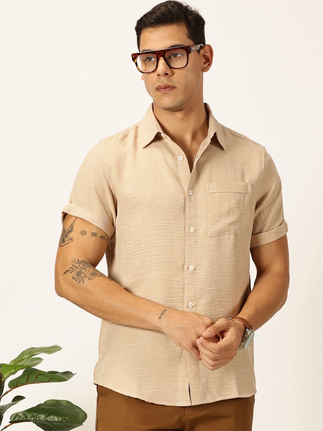 

Thomas Scott Men Premium Slim Fit Textured Casual Shirt, Beige