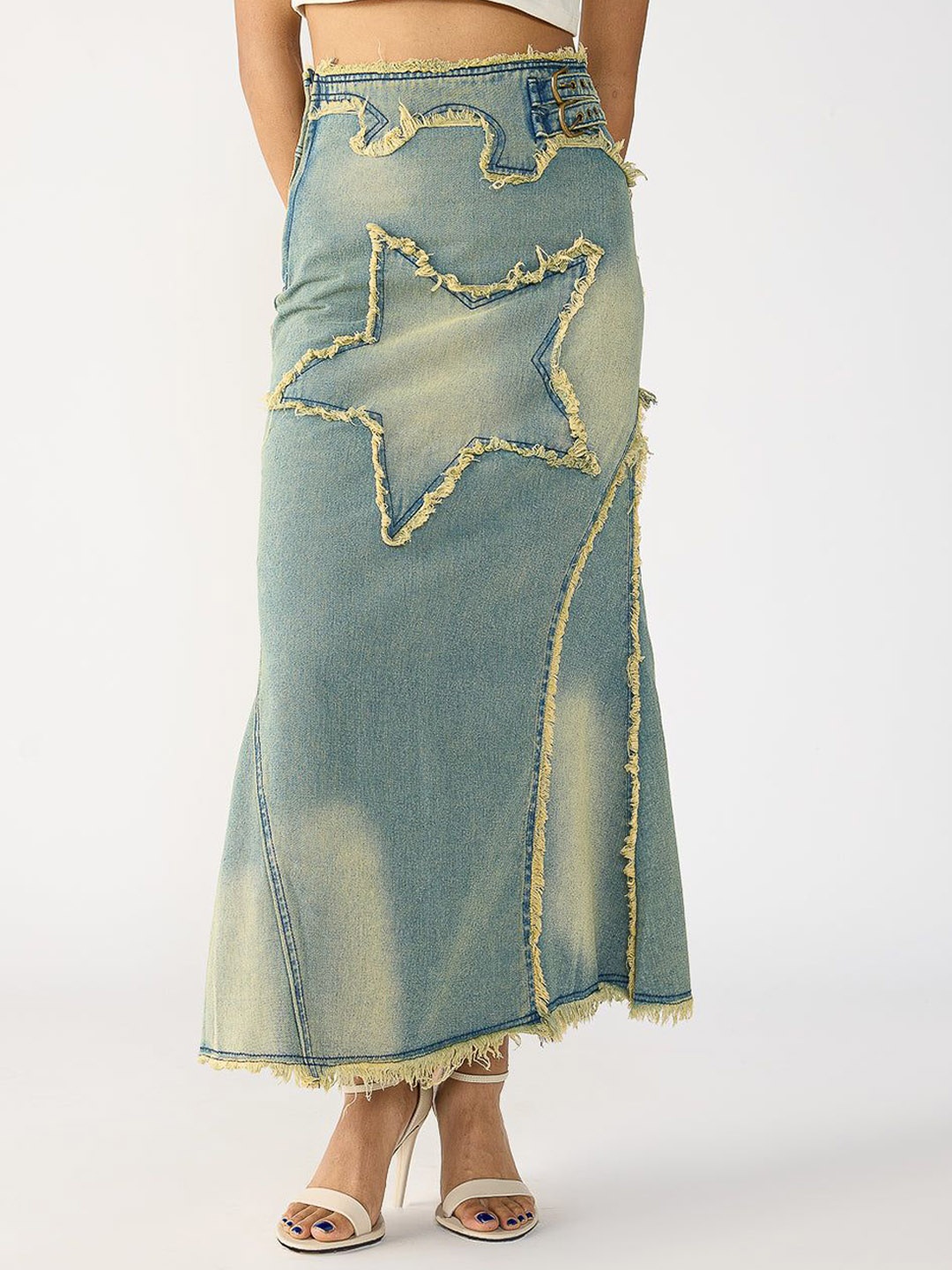 

FREAKINS Self Design Pure Cotton Maxi A-Line Skirt, Blue