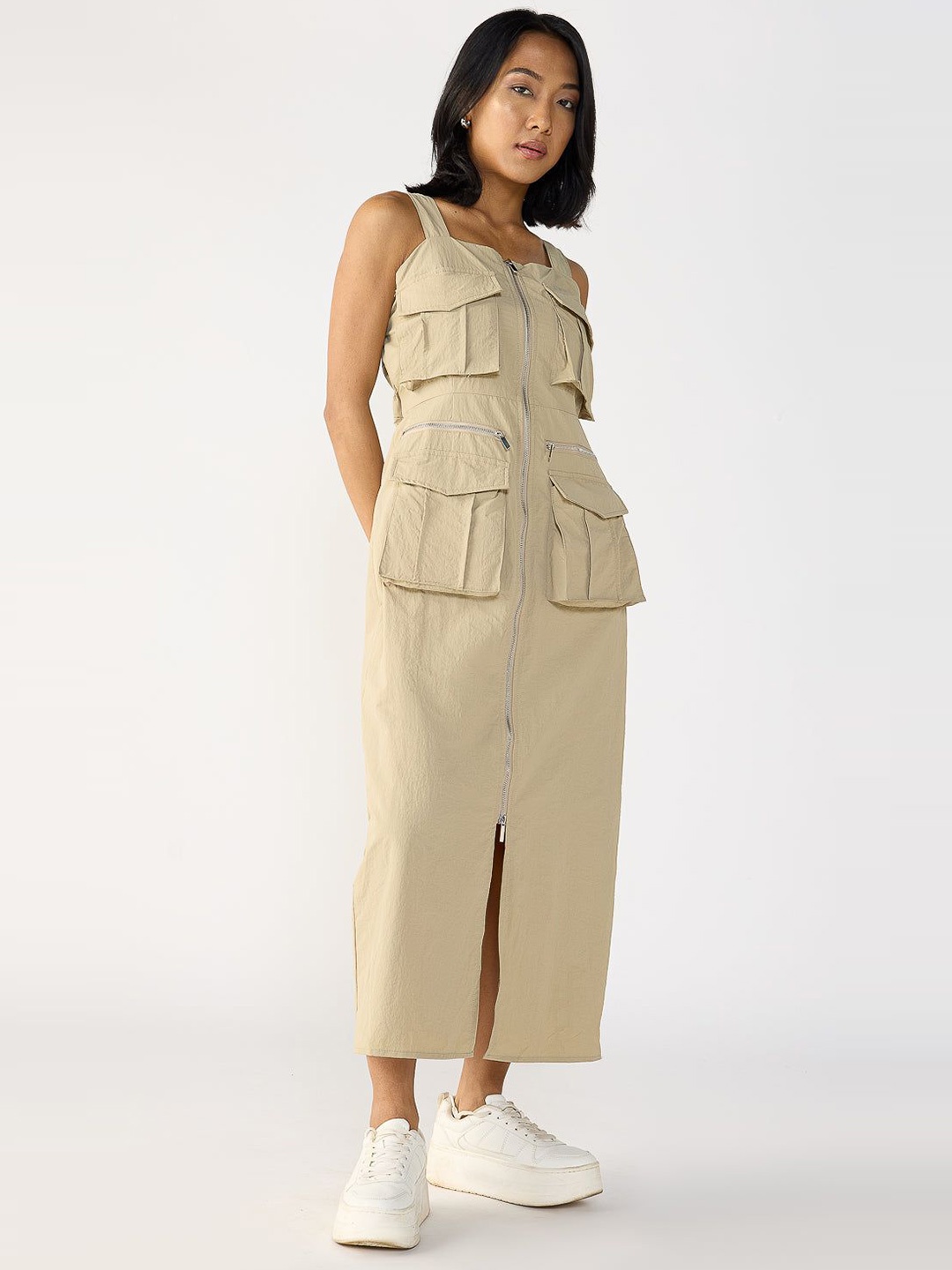

FREAKINS Denim Maxi Cargo Dress, Beige