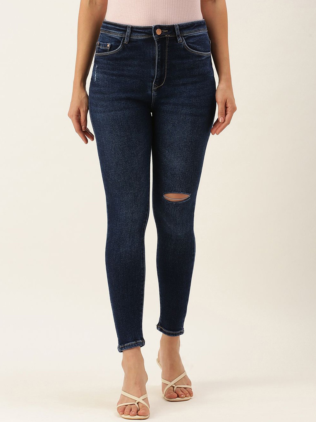 

SHECZZAR Women Comfort Slim Fit High-Rise Slash Knee Stretchable Jeans, Blue