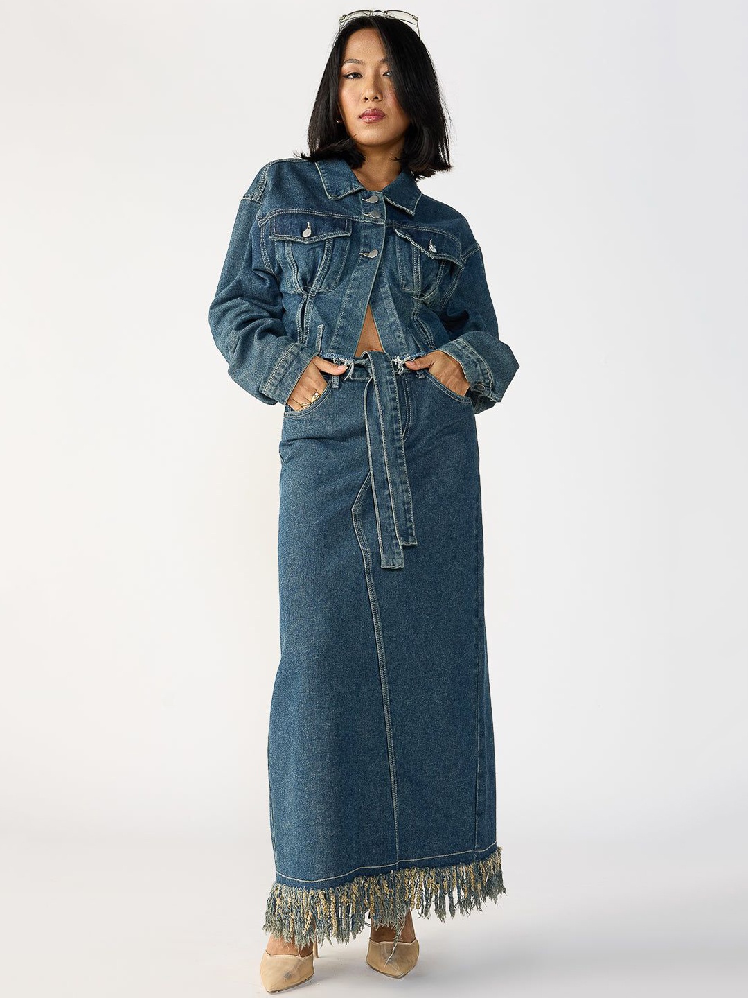 

FREAKINS Pure Cotton Denim Shirt With Skirt, Blue