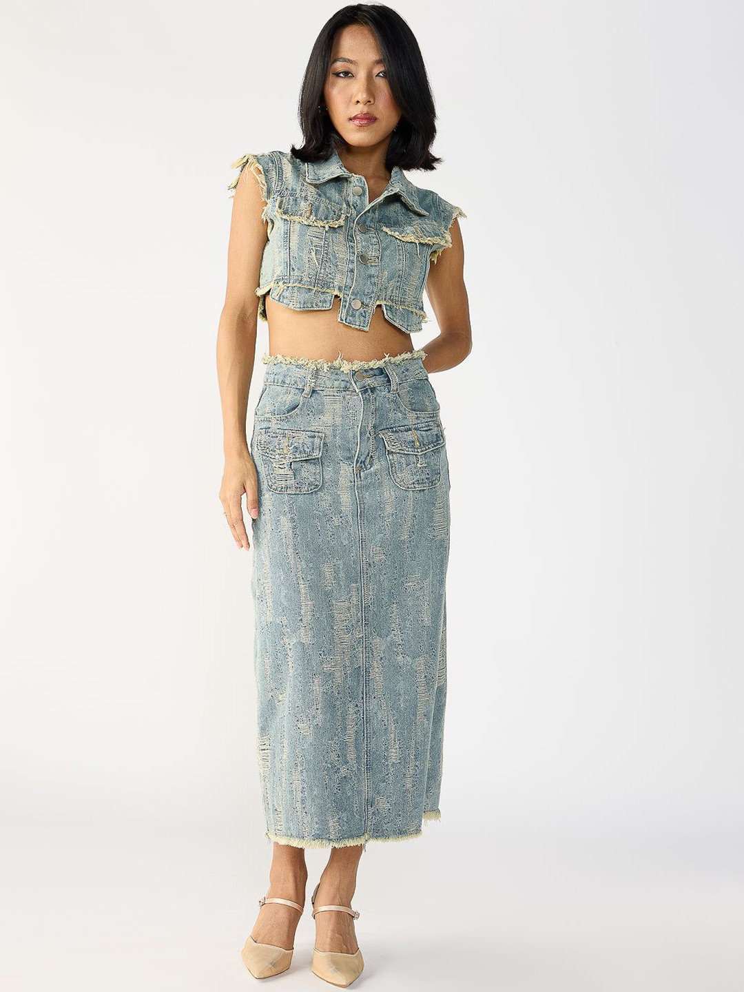 

FREAKINS Self Design Pure Cotton Shirt Collar Top With Skirt Co-Ords, Blue