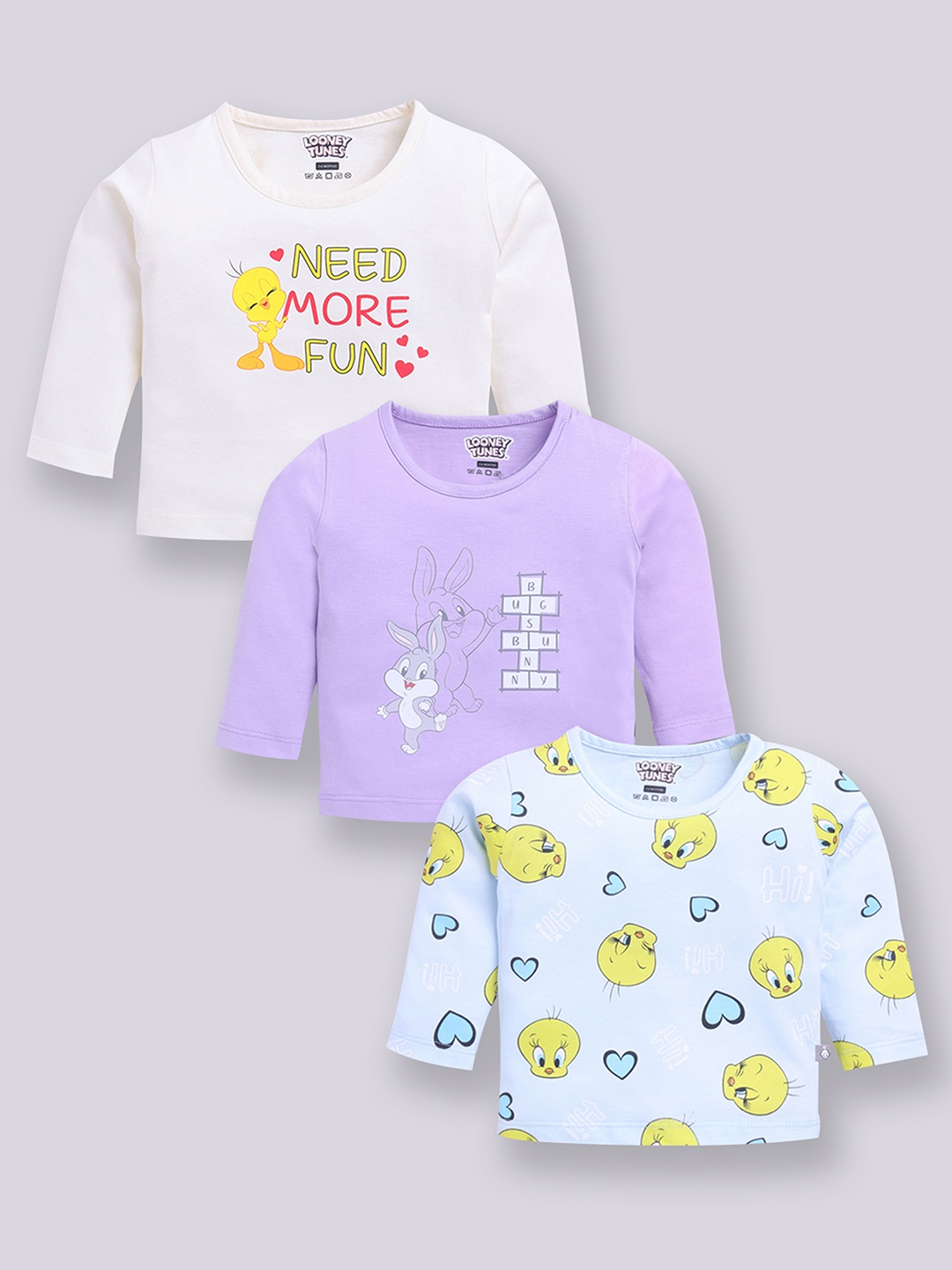 

YK X Tinyo Infant Girls Set of 3 Looney Tunes Printed Cotton T-shirts, Assorted