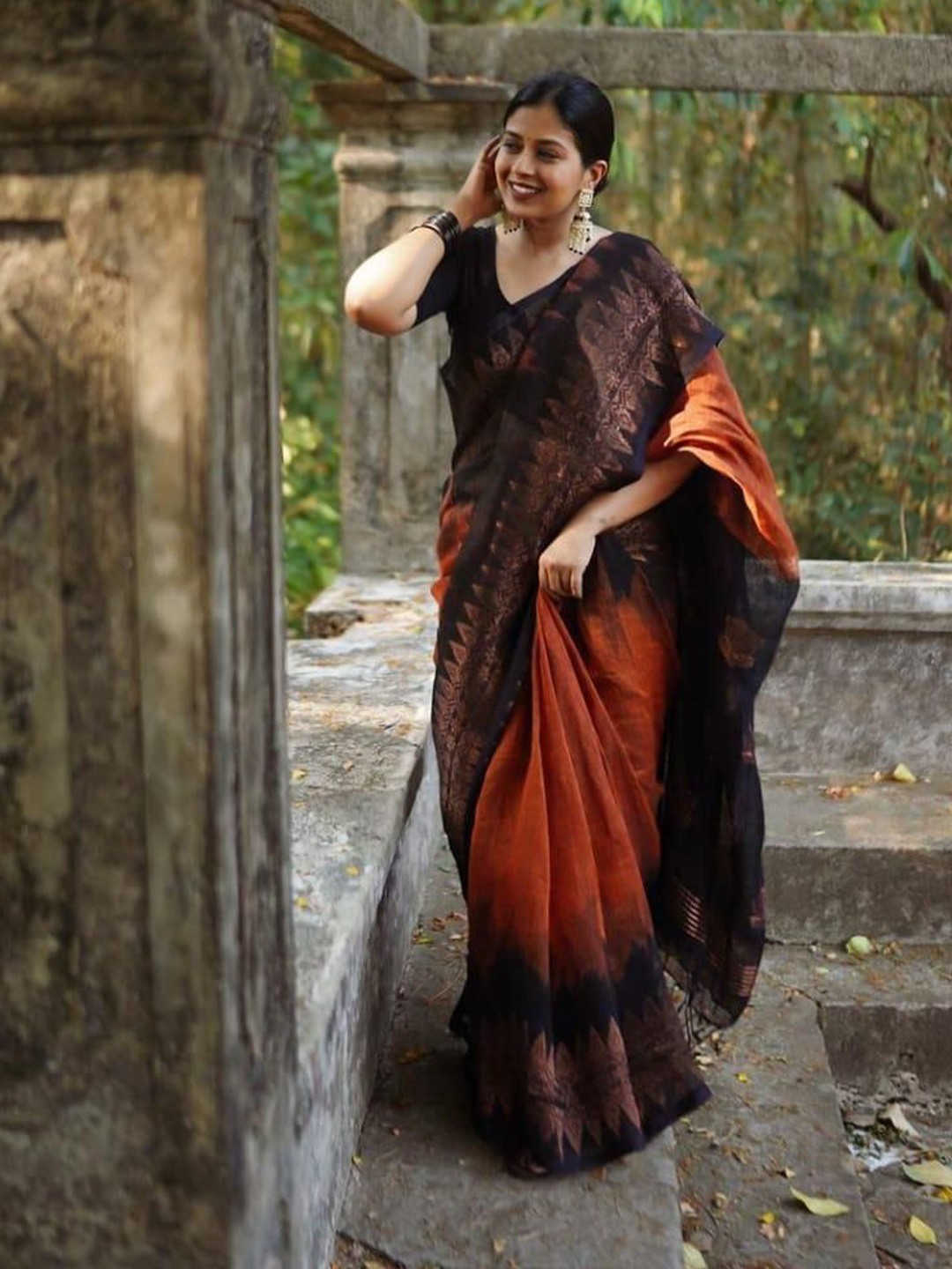 

V3 FASHION STUDIO Ethnic Motifs Zari Woven Pure Cotton Banarasi Saree, Orange