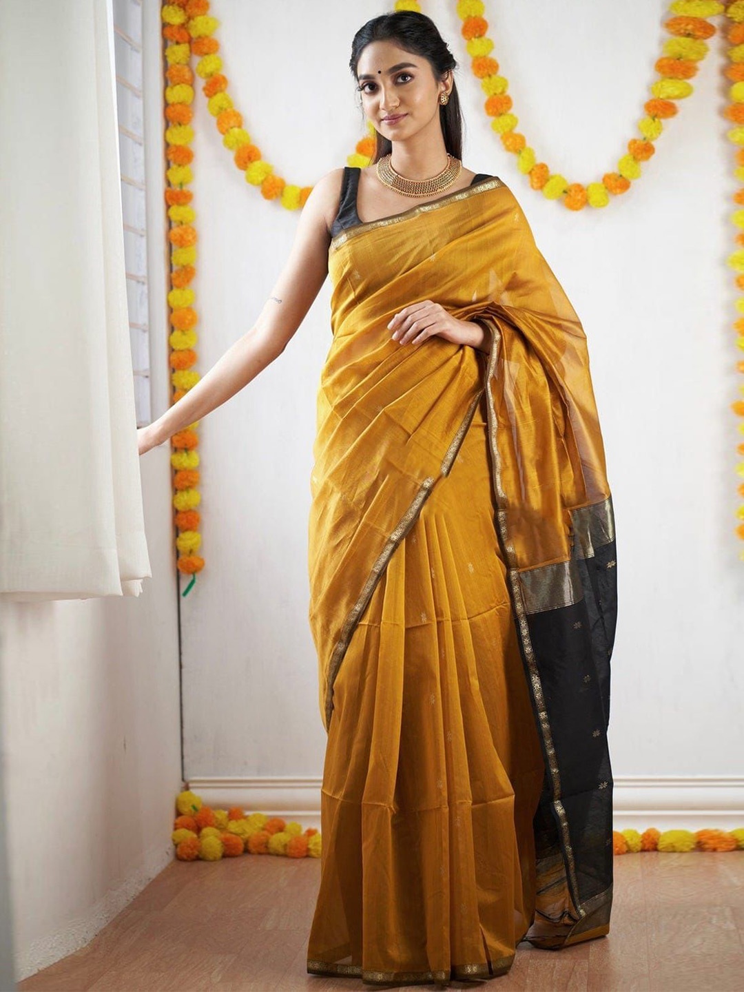 

V3 FASHION STUDIO Ethnic Motifs Zari Woven Pure Cotton Banarasi Saree, Mustard