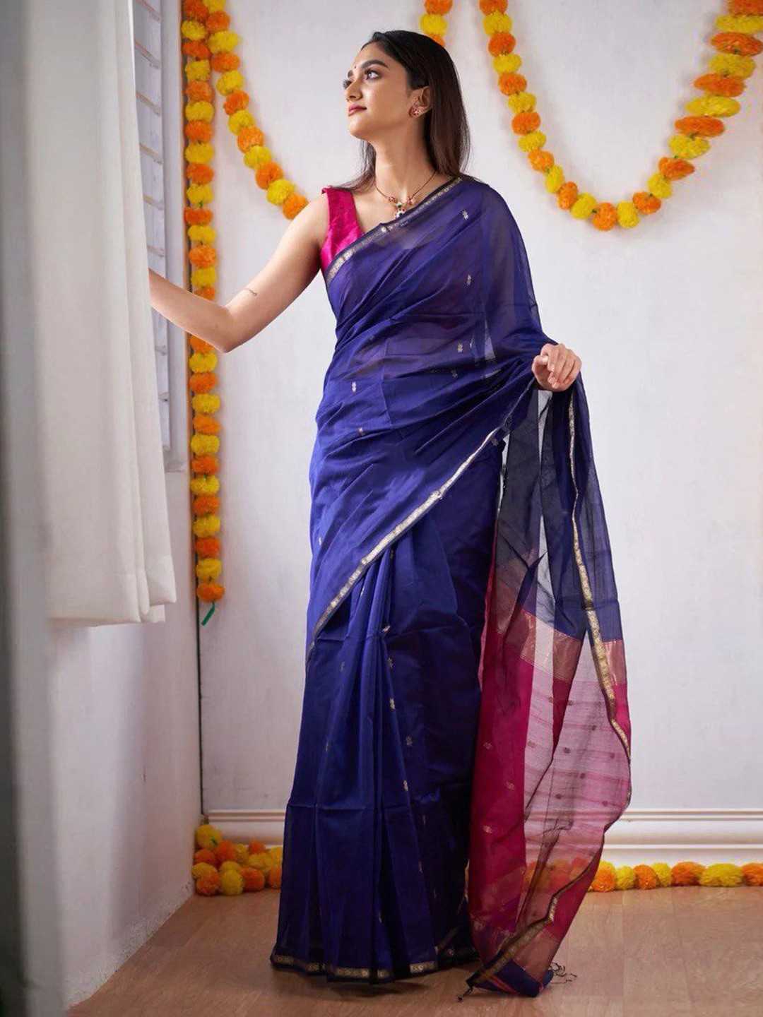

V3 FASHION STUDIO Ethnic Motifs Zari Woven Pure Cotton Banarasi Saree, Blue