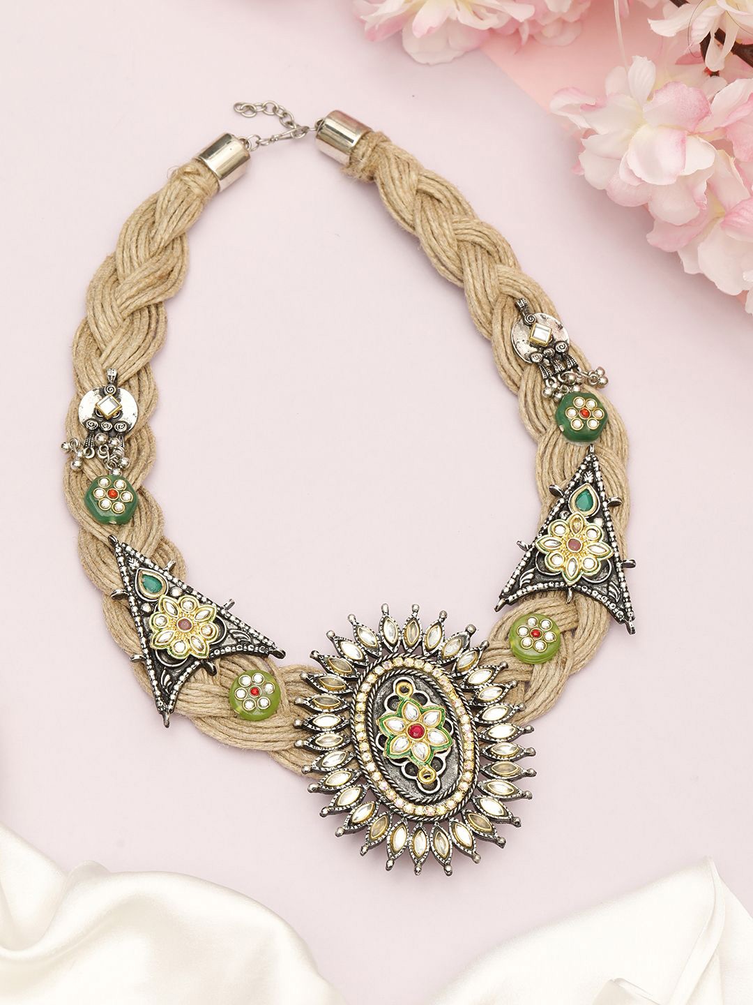 

VIVAZS Brass And Jute Oxidised Silver Kundan Studded Devine Motif Crochet Necklace