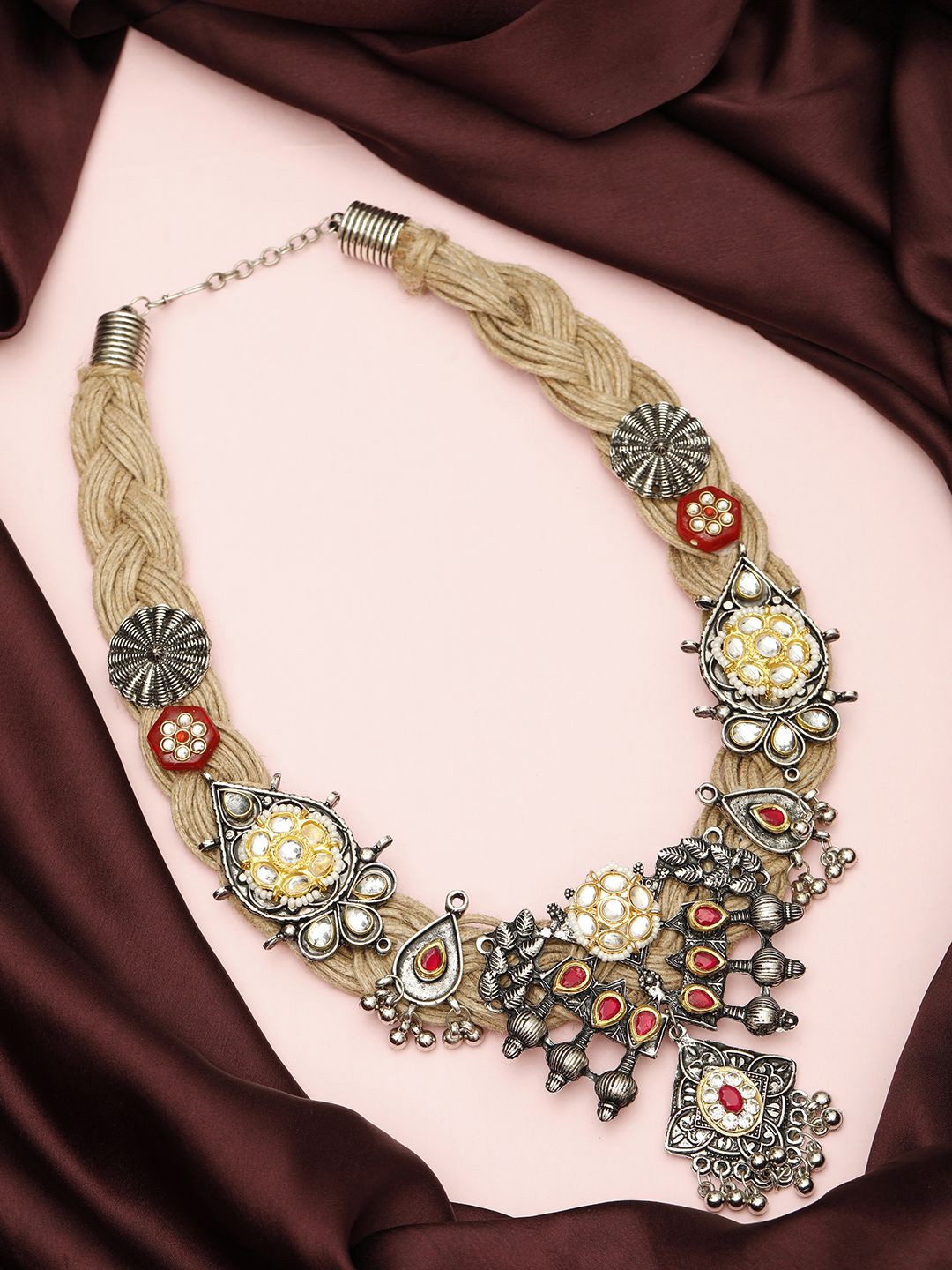 

VIVAZS Brass And Jute Oxidised Silver Multi Color Stone Studded Crochet Necklace