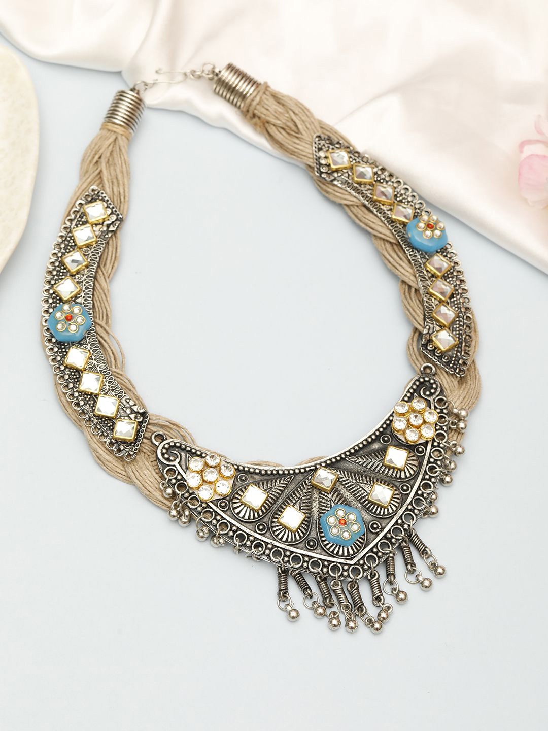 

VIVAZS Brass And Jute Oxidised Silver Gold Plated Kundan Studded Crochet Necklace