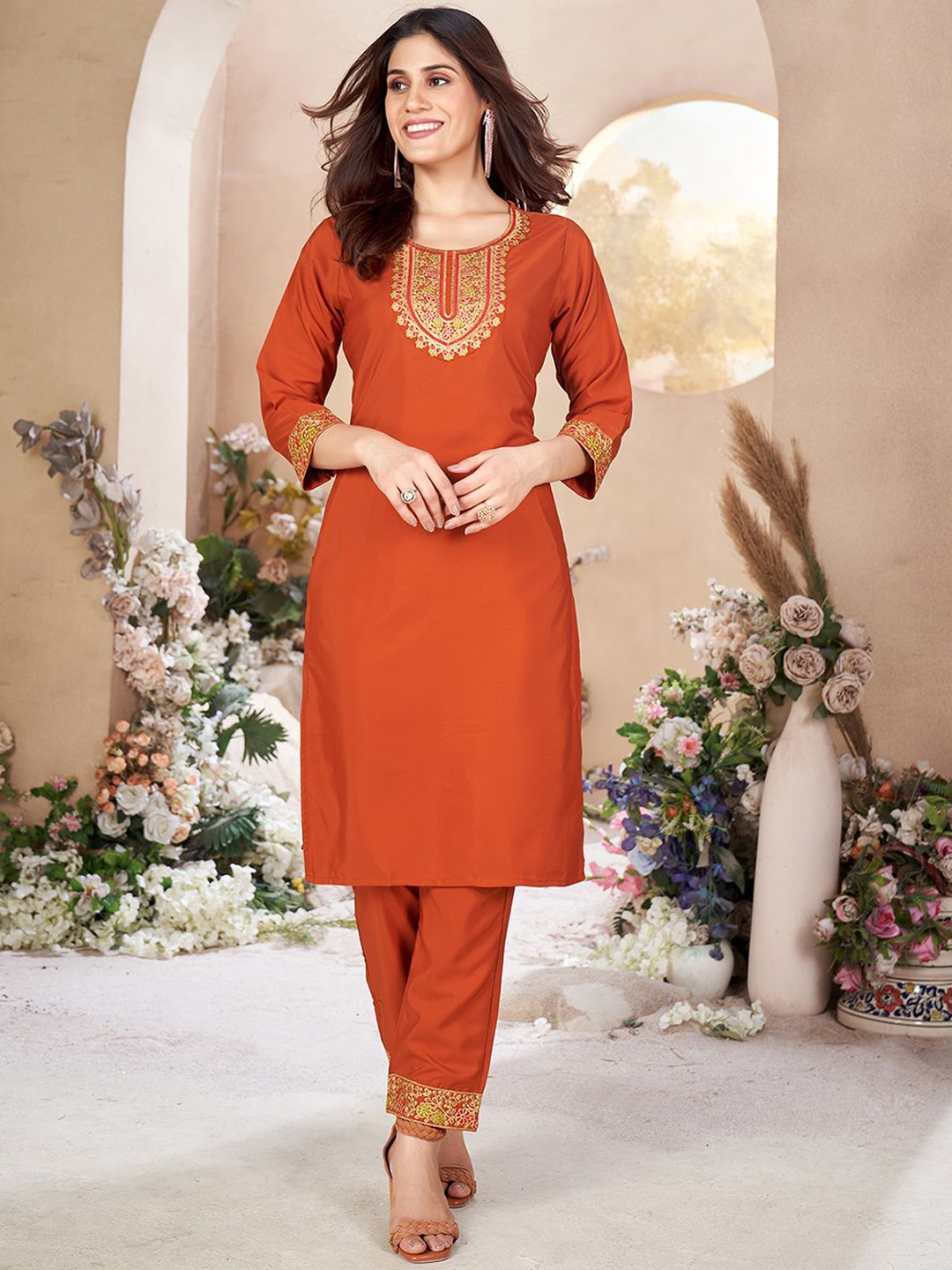 

KALINI Ethnic Motifs Yoke Design Thread Work Straight Kurta with Trousers, Rust
