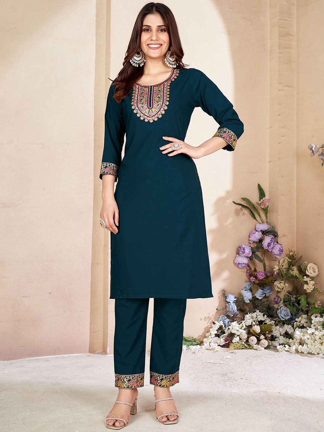 

KALINI Ethnic Motifs Yoke Design Thread Work Straight Kurta with Trousers, Blue