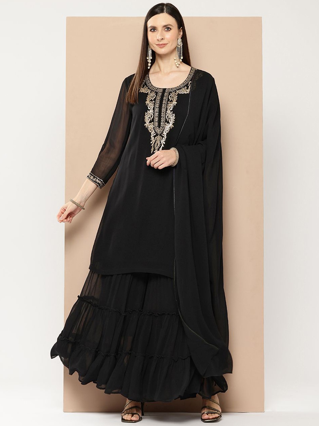 

Purple State Ethnic Motifs Yoke Design Regular Thread Work Kurta with Sharara & Dupatta, Black