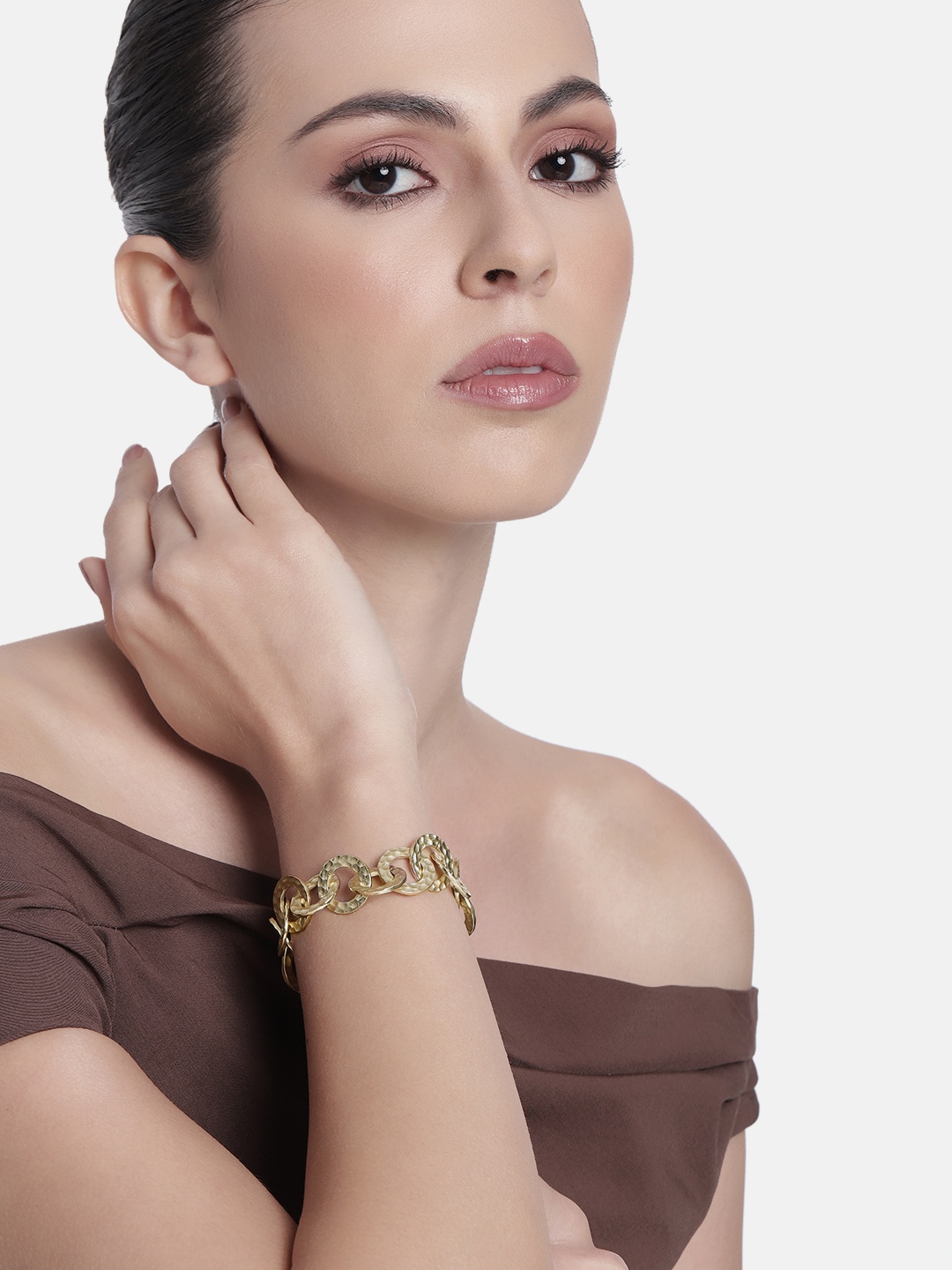 

Estele Gold Plated Entangled Circular Designer Beaten Bracelet