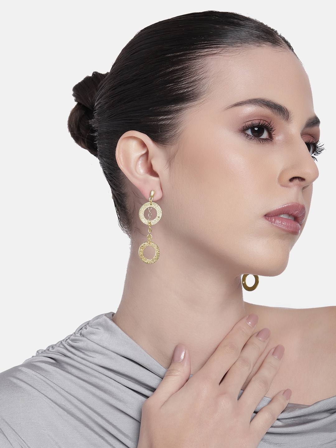 

Estele Gold Plated Dual Circular Designer Beaten Gold Earrings