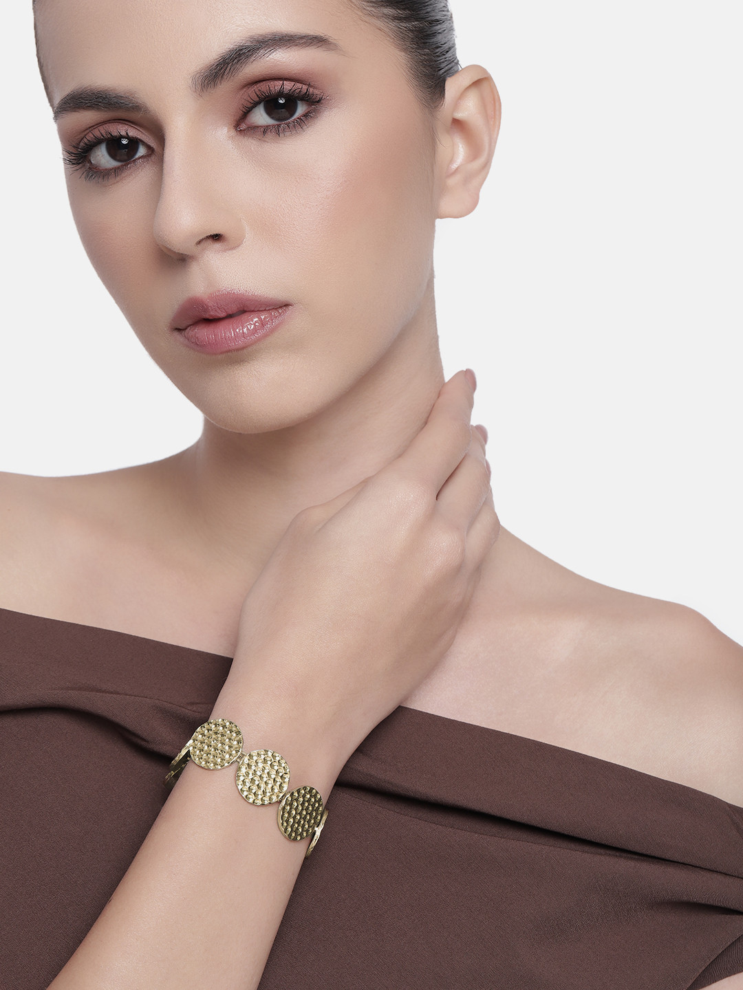 

Estele Gold Plated Circular Disk Chunky Beaten Bracelet