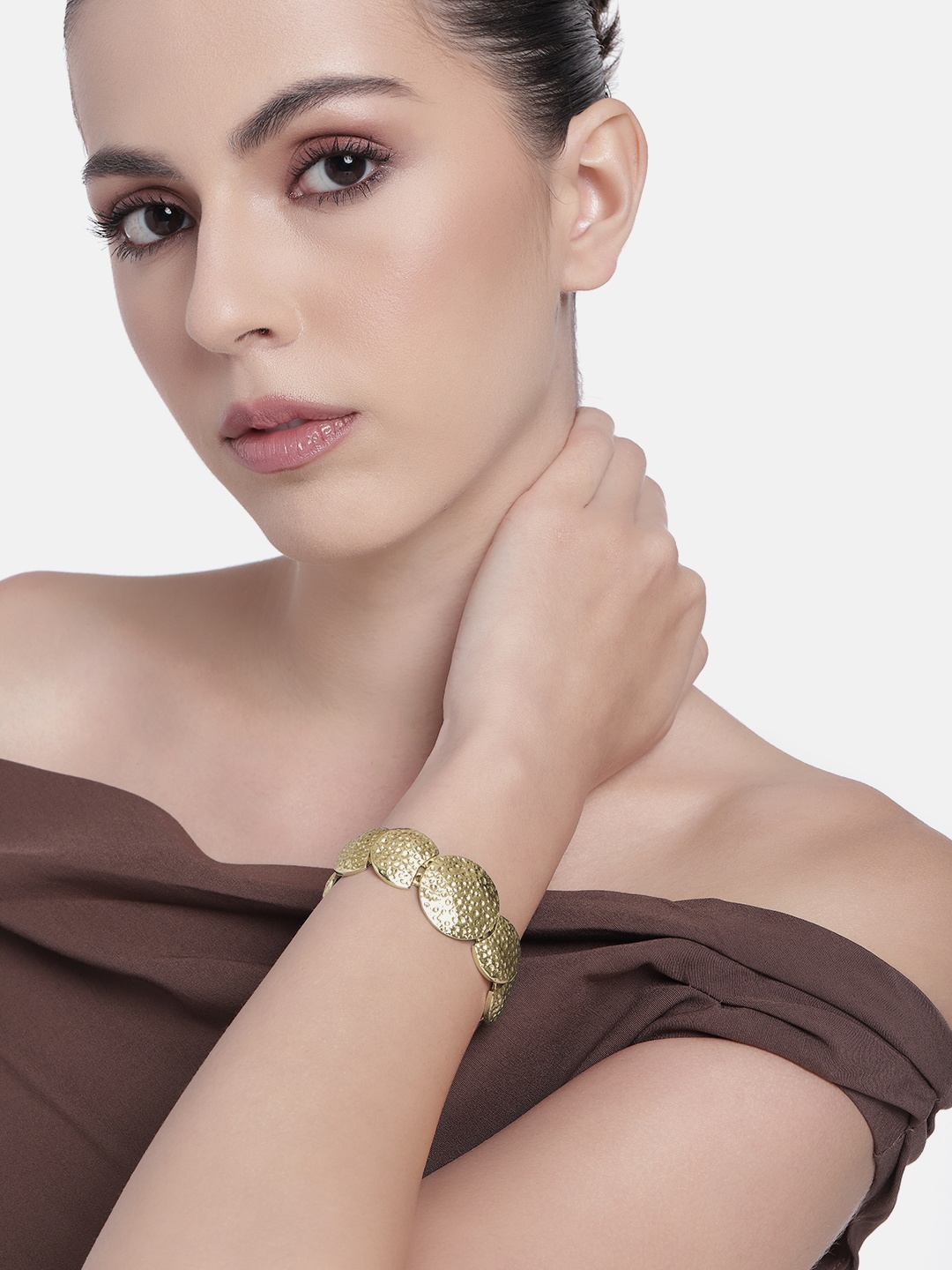 

Estele Gold Plated Stylish Chunky Beaten Textured Bracelet