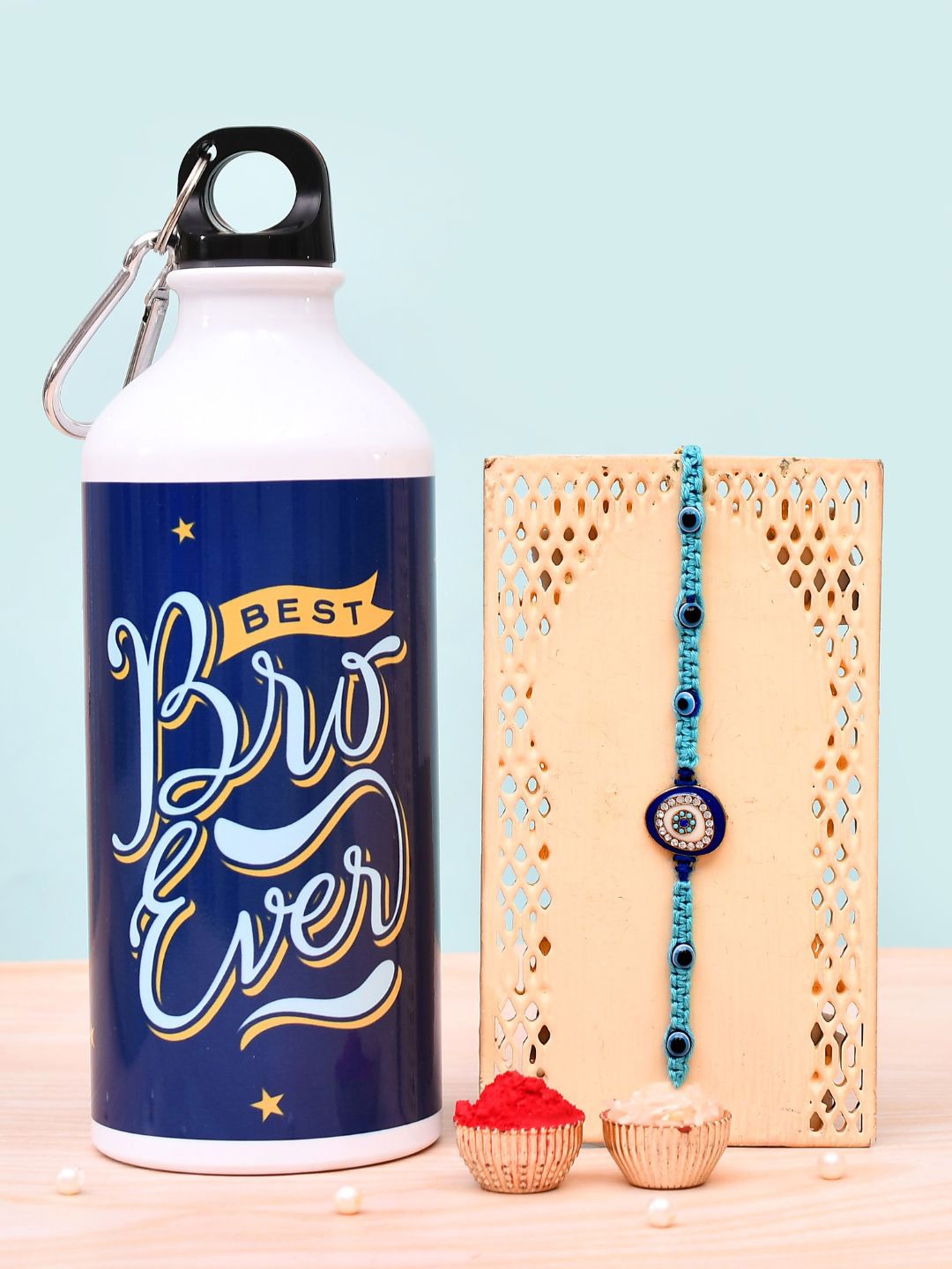 

Voylla Set of 2 Evil Eye Thread Rakhi With Sipper Bottle, Blue