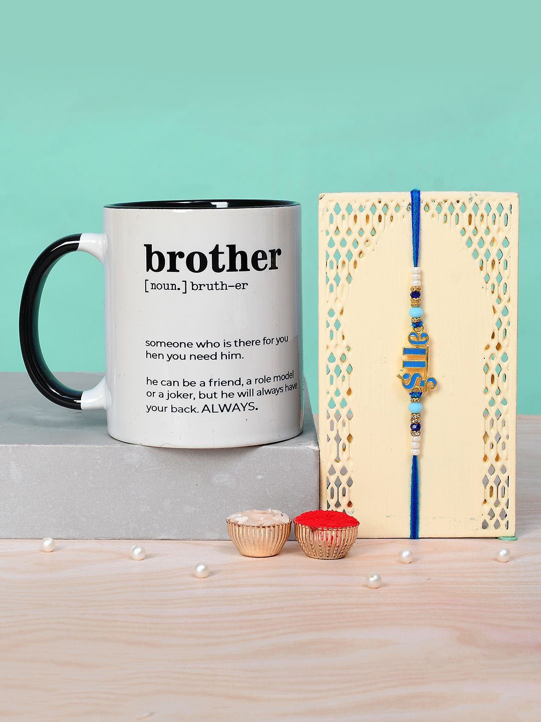 

Voylla Set of 2 Beaded Thread Rakhi With Mug & Roli Chawal, White