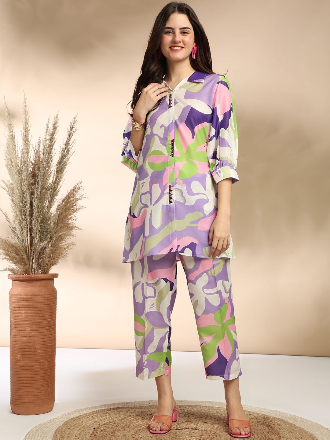 

BAESD Printed Shirt Collar Tunic With Trousers, Violet