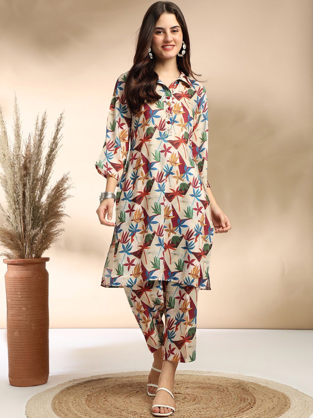 

BAESD Printed Shirt Collar Tunic With Trousers, Maroon