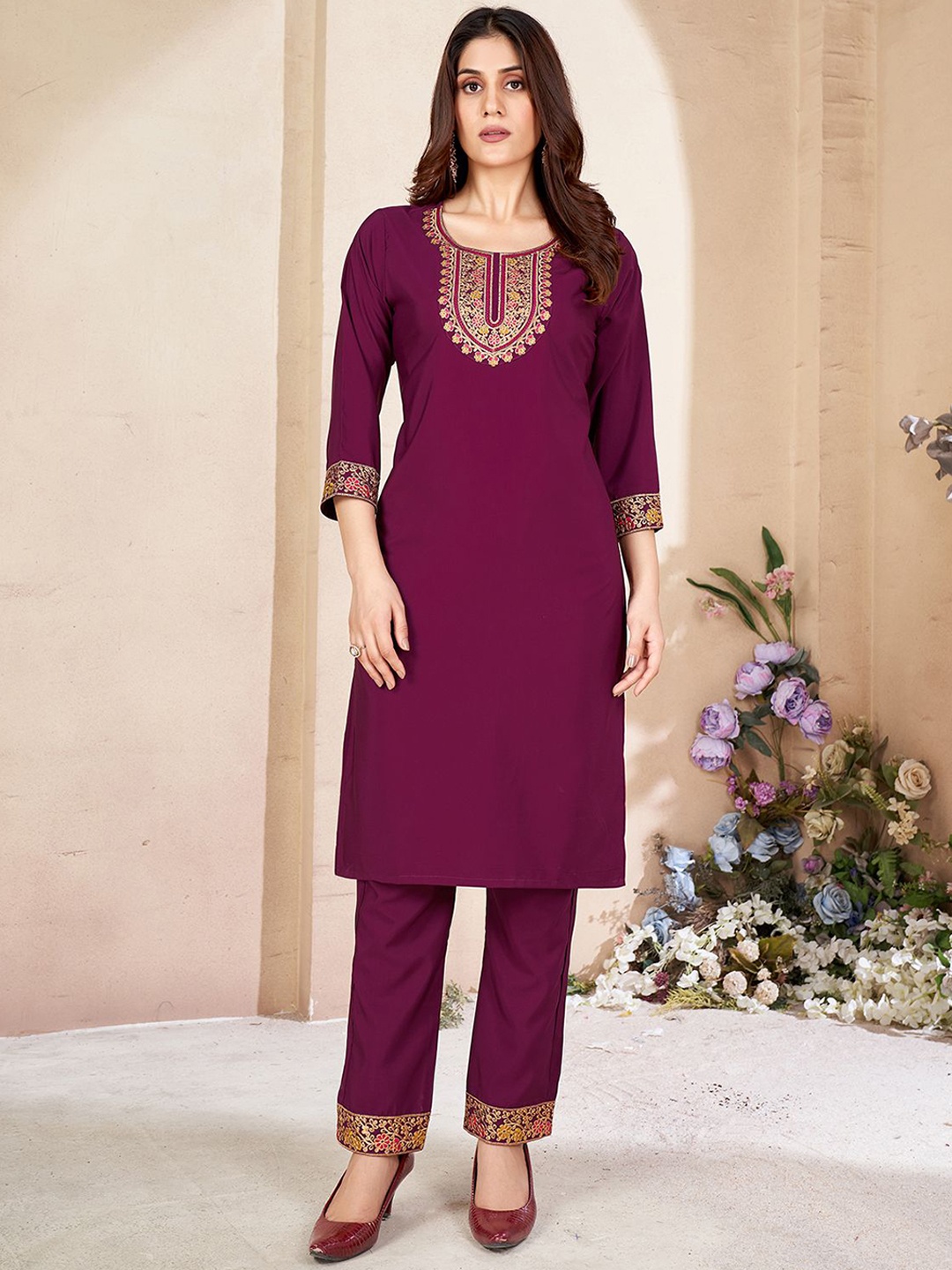 

KALINI Ethnic Motifs Yoke Design Thread Work Straight Kurta with Trousers, Purple