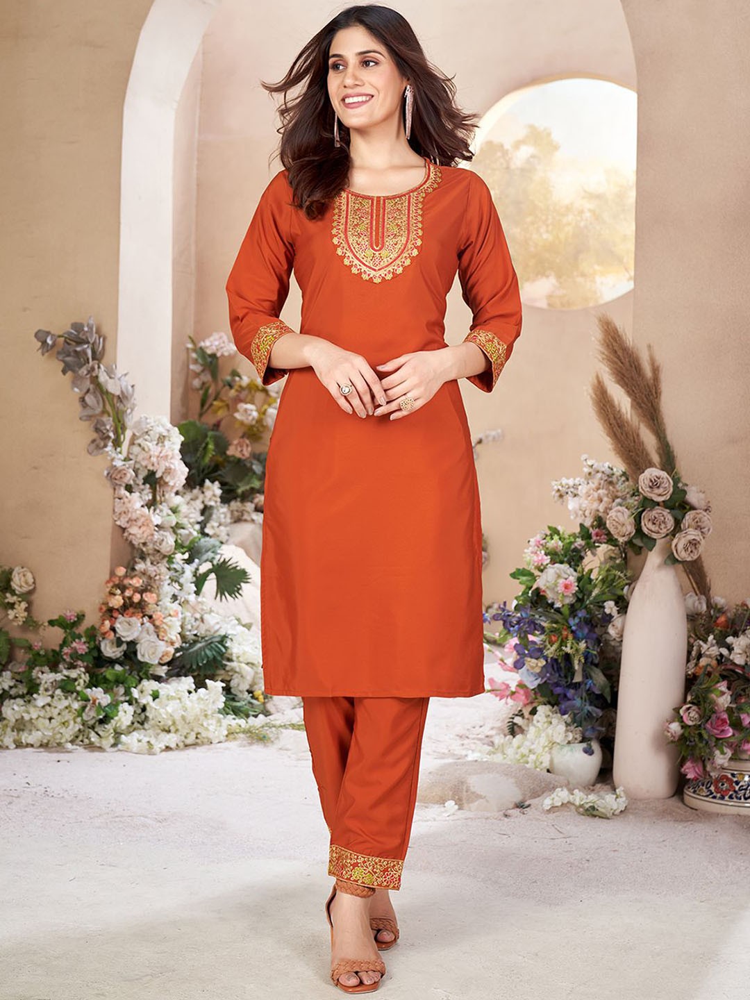 

KALINI Ethnic Motifs Yoke Design Thread Work Straight Kurta with Trousers, Rust