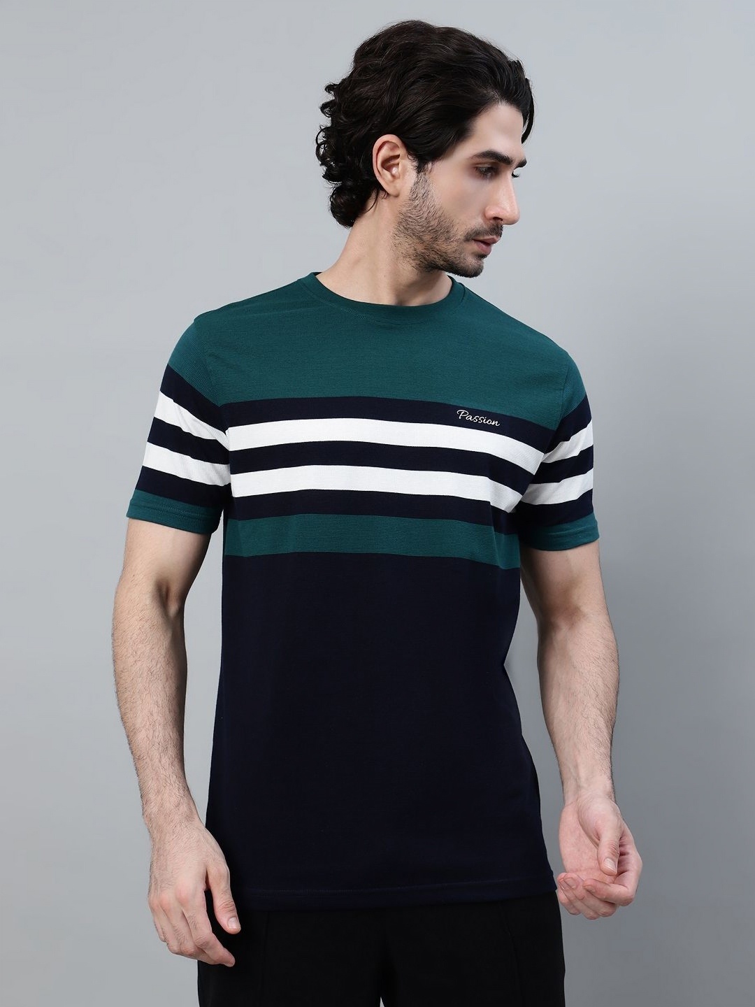 

Cantabil Men Striped Round Neck Cotton T-Shirt, Teal