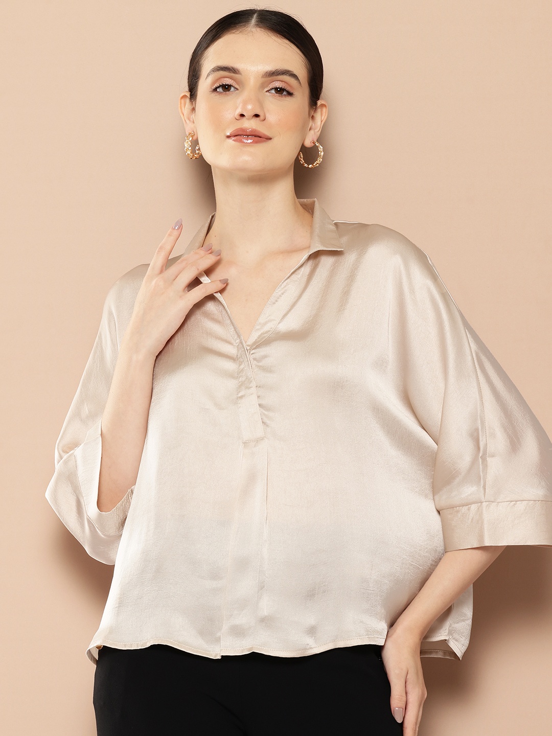 

Her by Invictus Women Solid Extended Sleeves Shirt Style Top, Beige