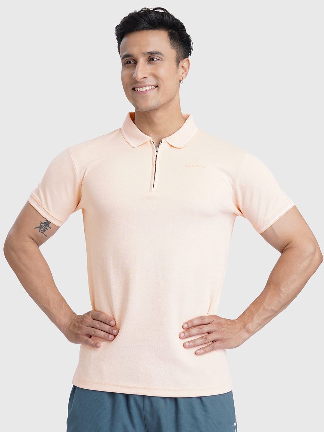 

FUAARK Men Moisture Wicking Solid Polo Collar Sports and Gym Slim Fit T-shirt, Peach