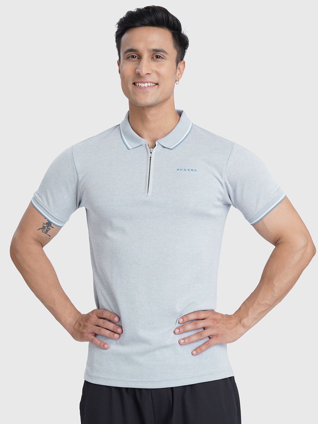 

FUAARK Men Moisture Wicking Solid Polo Collar Sports and Gym Slim Fit T-shirt, Grey
