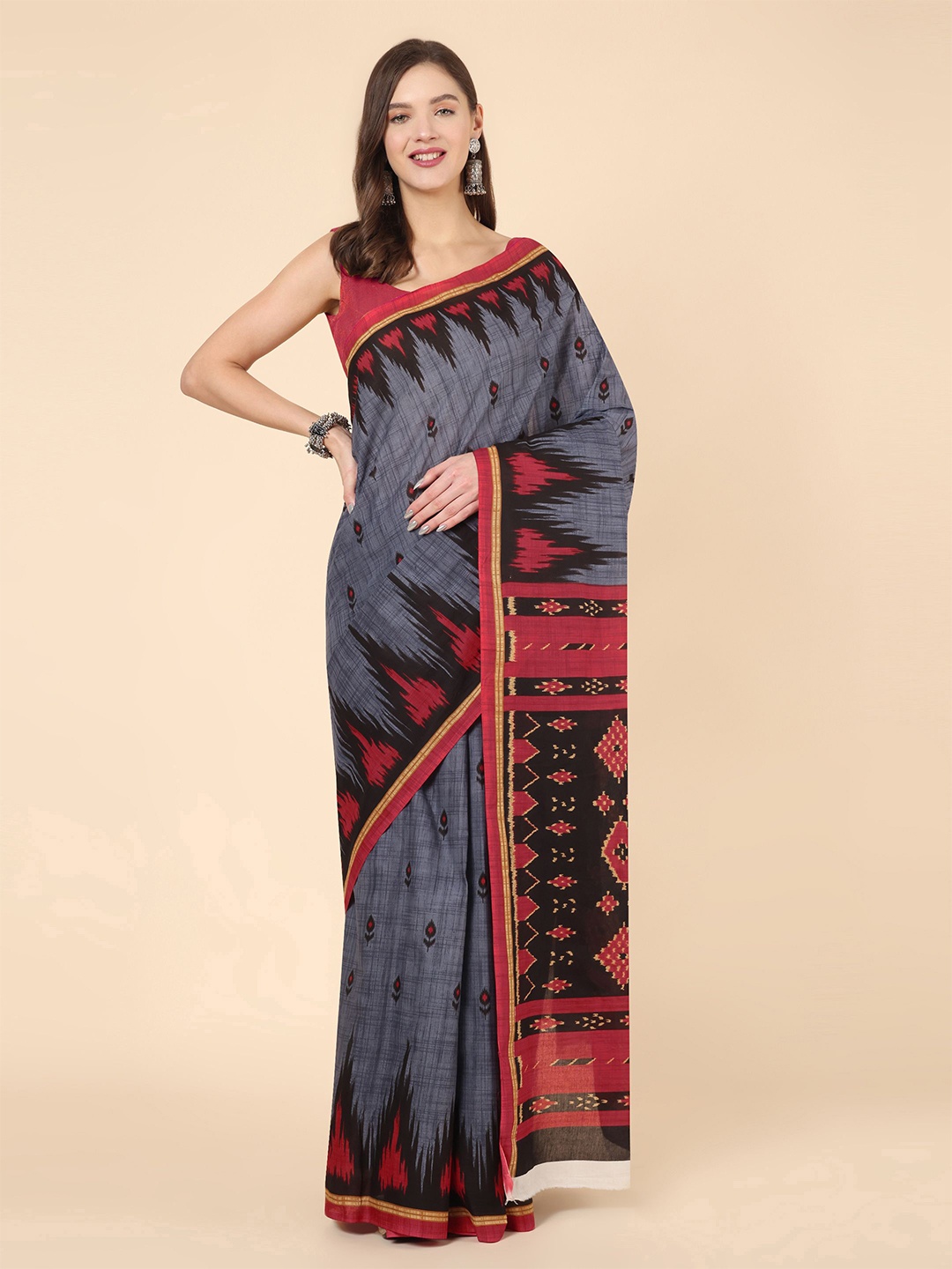 

Manvish Drapes Ethnic Motifs Pure Cotton Pochampally Saree, Grey