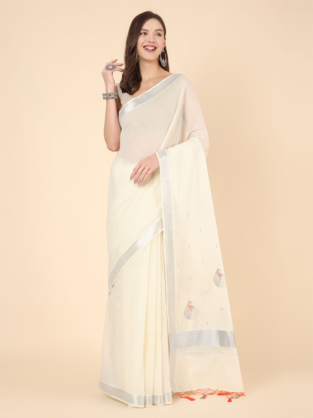 

Manvish Drapes Ethnic Motifs Zari Pure Cotton Kasavu Saree, Off white