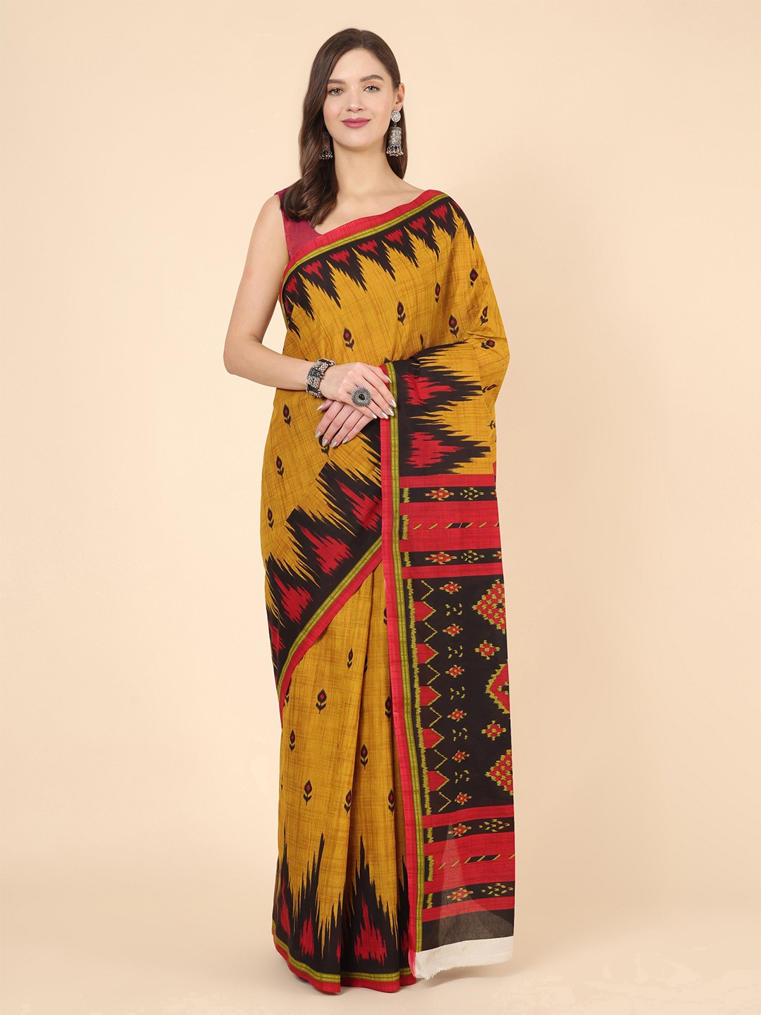 

Manvish Drapes Ethnic Motifs Pure Cotton Pochampally Saree, Mustard