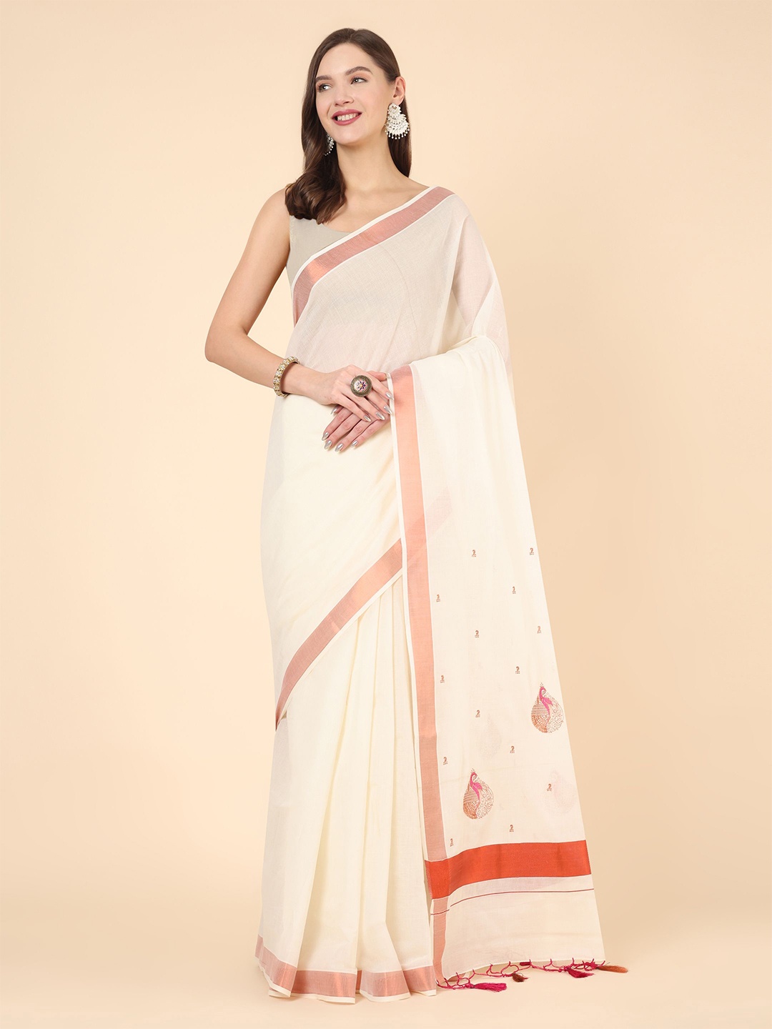 

Manvish Drapes Ethnic Motifs Zari Woven Pure Cotton Kasavu Saree, Off white