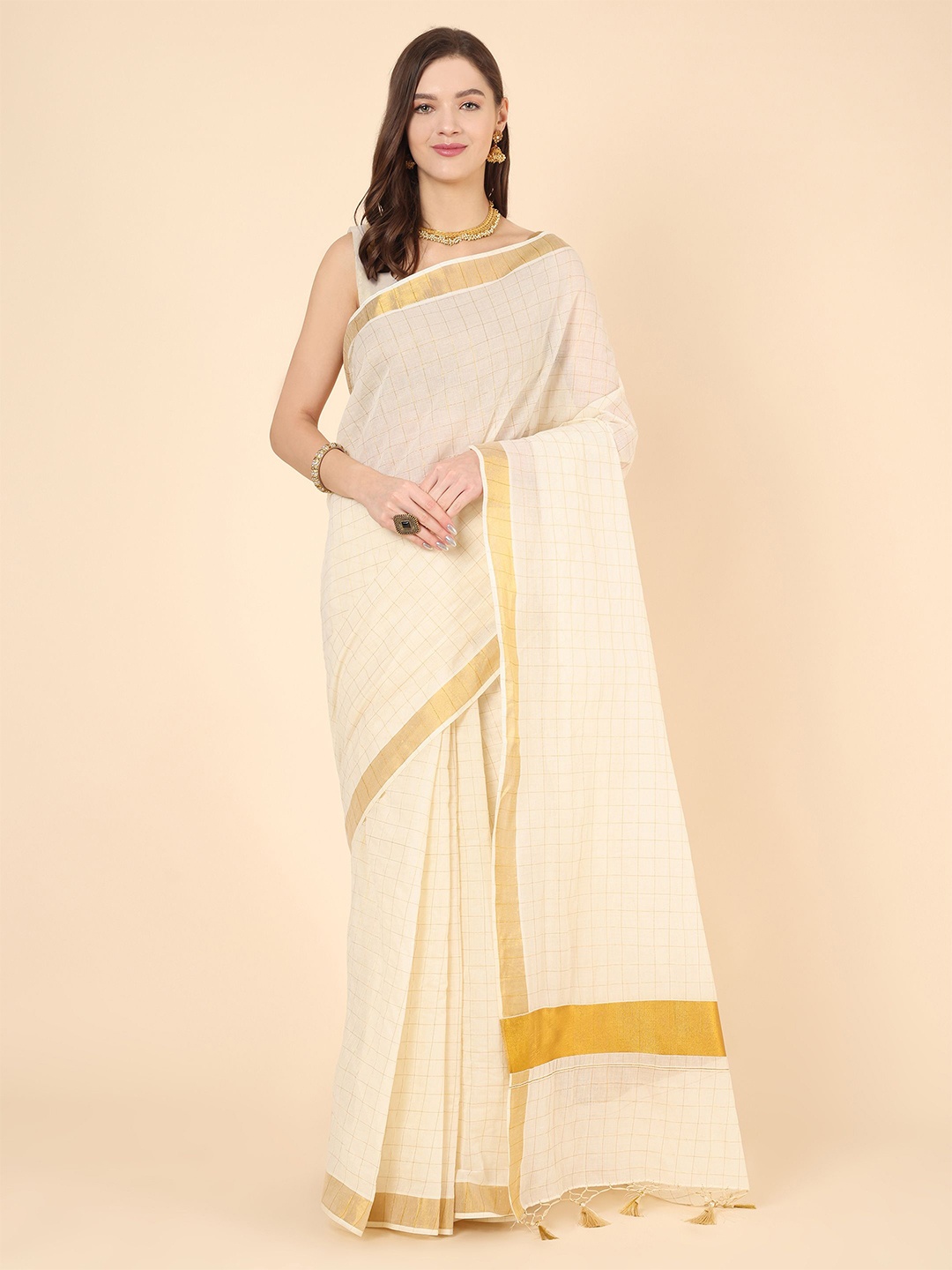 

Manvish Drapes Woven Design Zari Pure Cotton Kasavu Saree, Off white