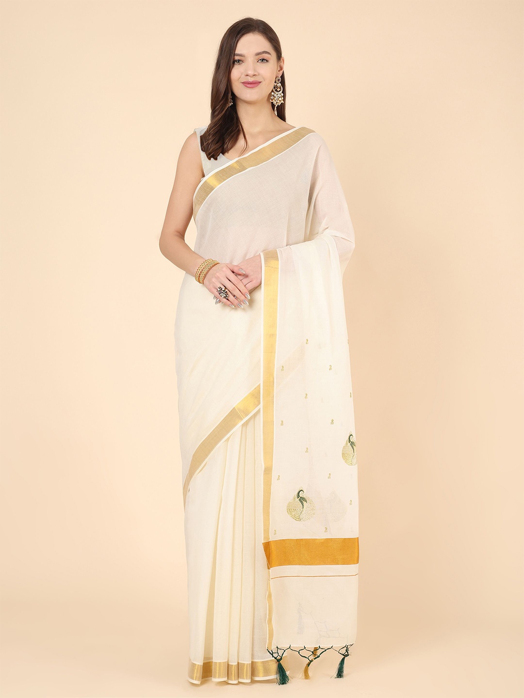 

Manvish Drapes Ethnic Motifs Zari Pure Cotton Kasavu Saree, Off white