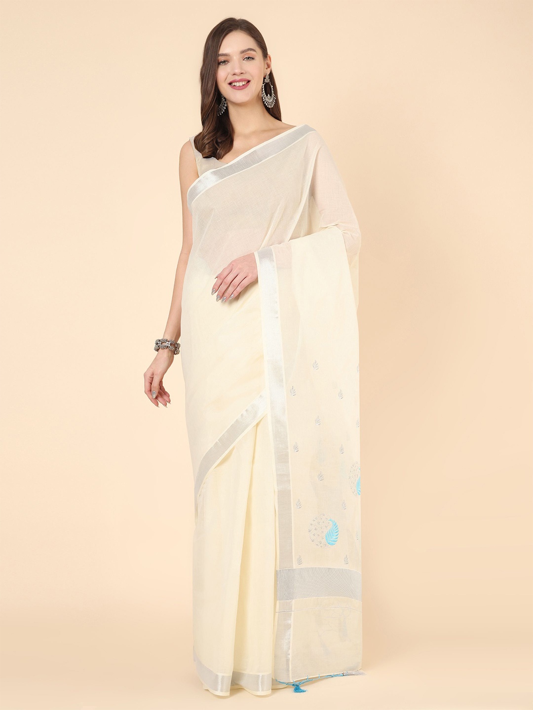 

Manvish Drapes Ethnic Motifs Zari Pure Cotton Kasavu Saree, Off white