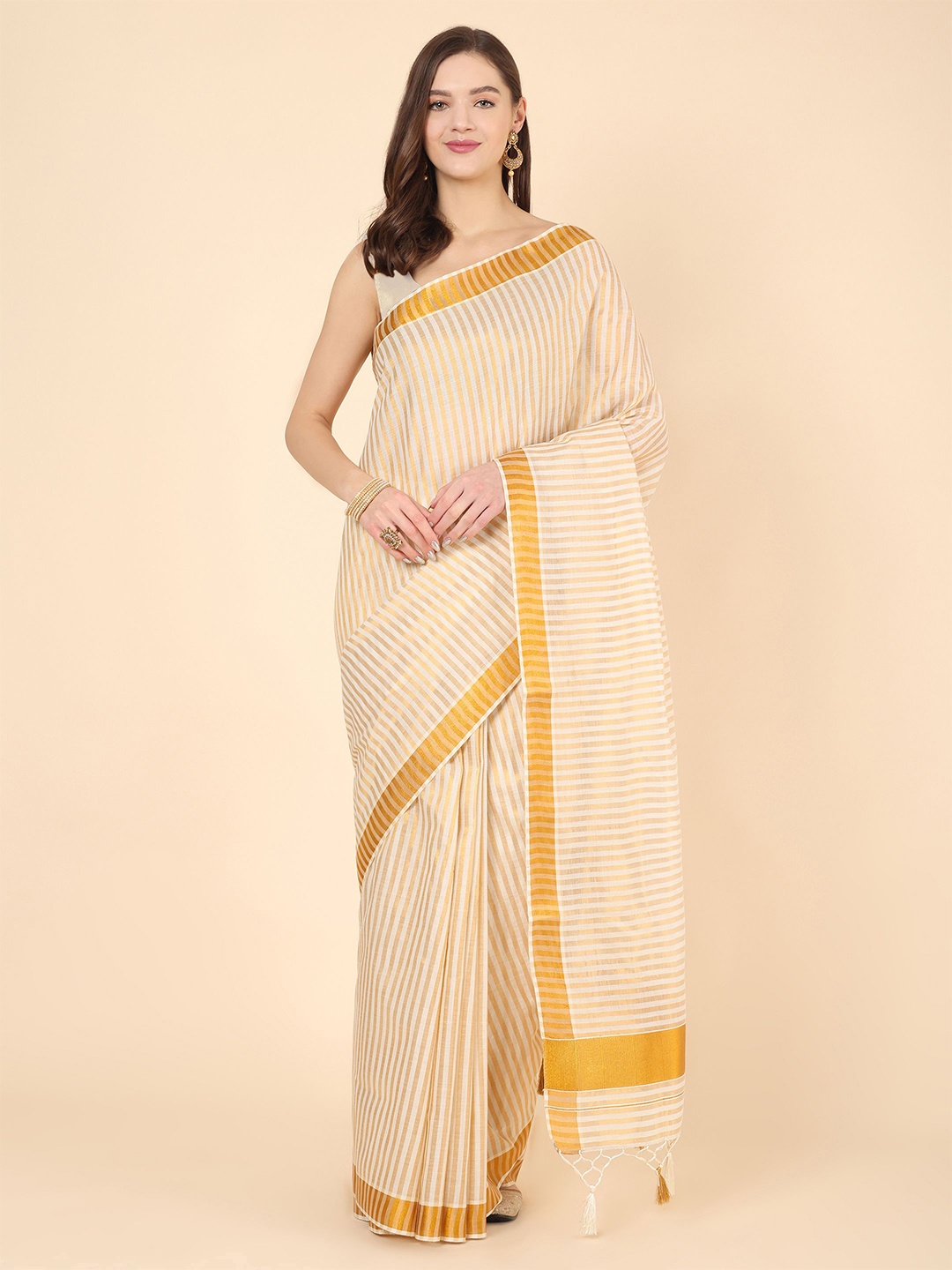 

Manvish Drapes Striped Zari Pure Cotton Kasavu Saree, Off white